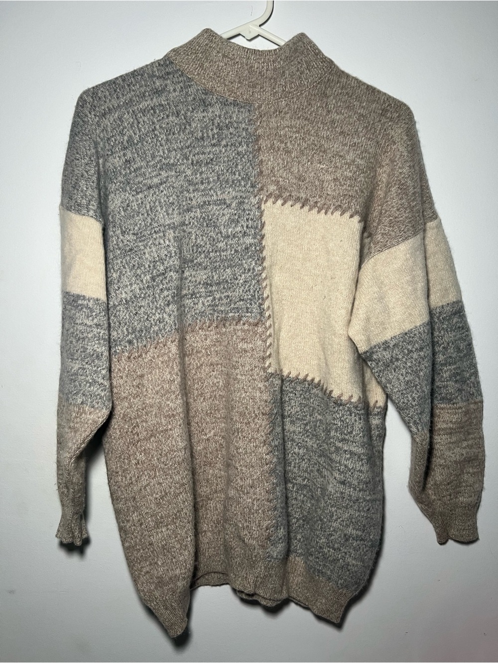 Wallace Country New Zealand Wool Angora Patchwork Sweater Large Beige Gray - Picture 3 of 7